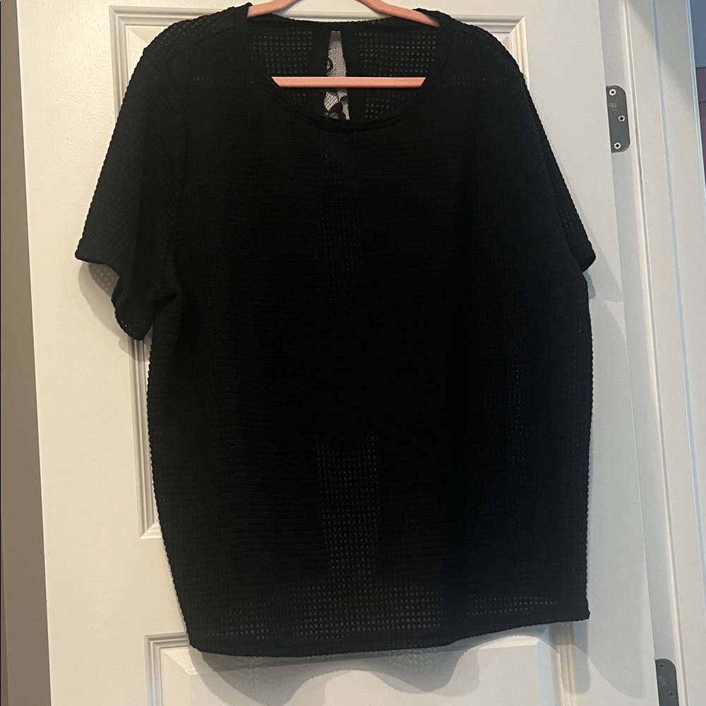 SHEIN Black Open-Knit Short Sleeve Tee with back lacy insert.